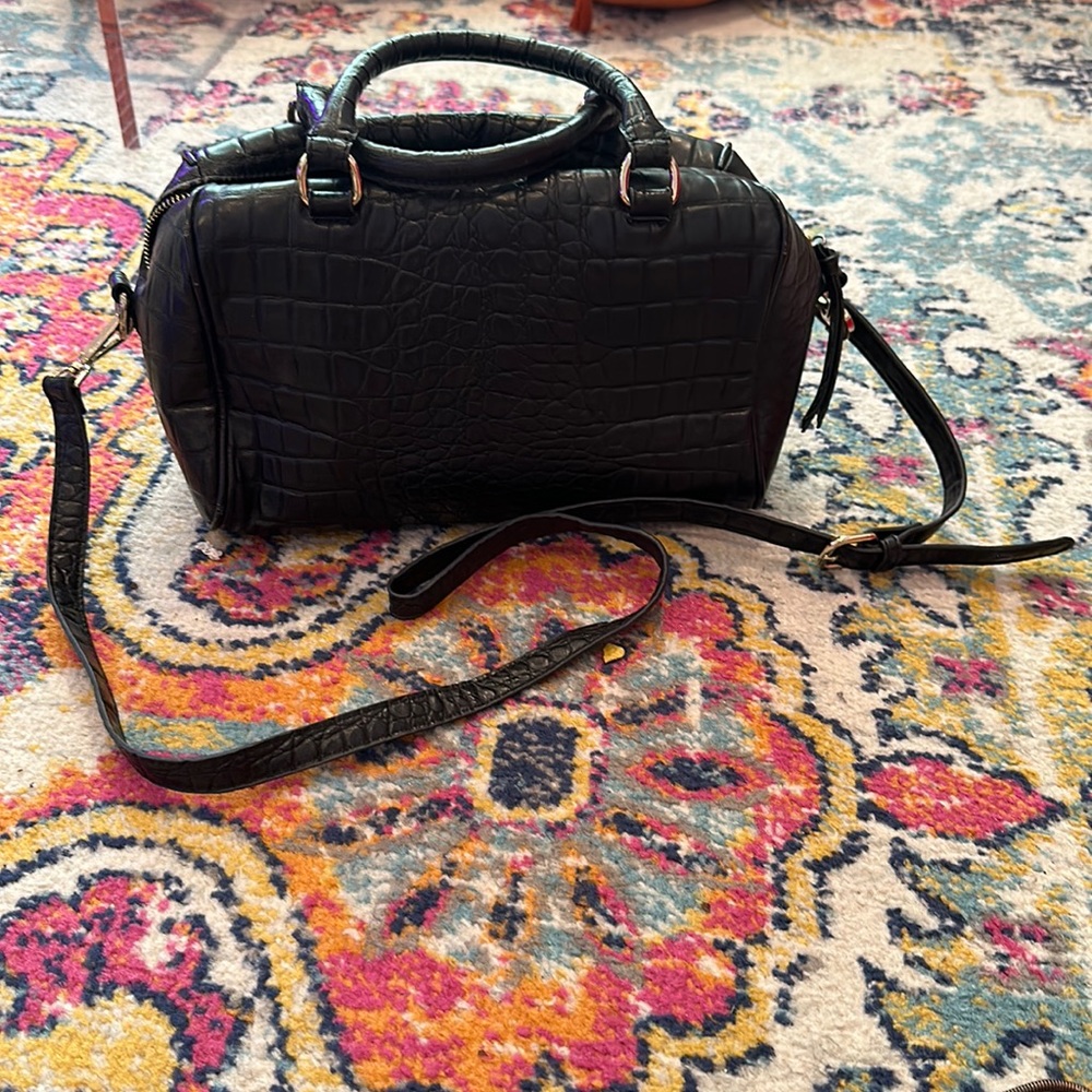 Cute speedy b inspired black croc print top handle and cross body bag